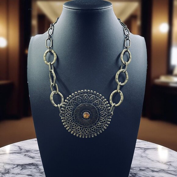 Statement Medallion Necklace Boho Vintage Brass Tone Amber Glass Pendant 19" - Picture 1 of 7